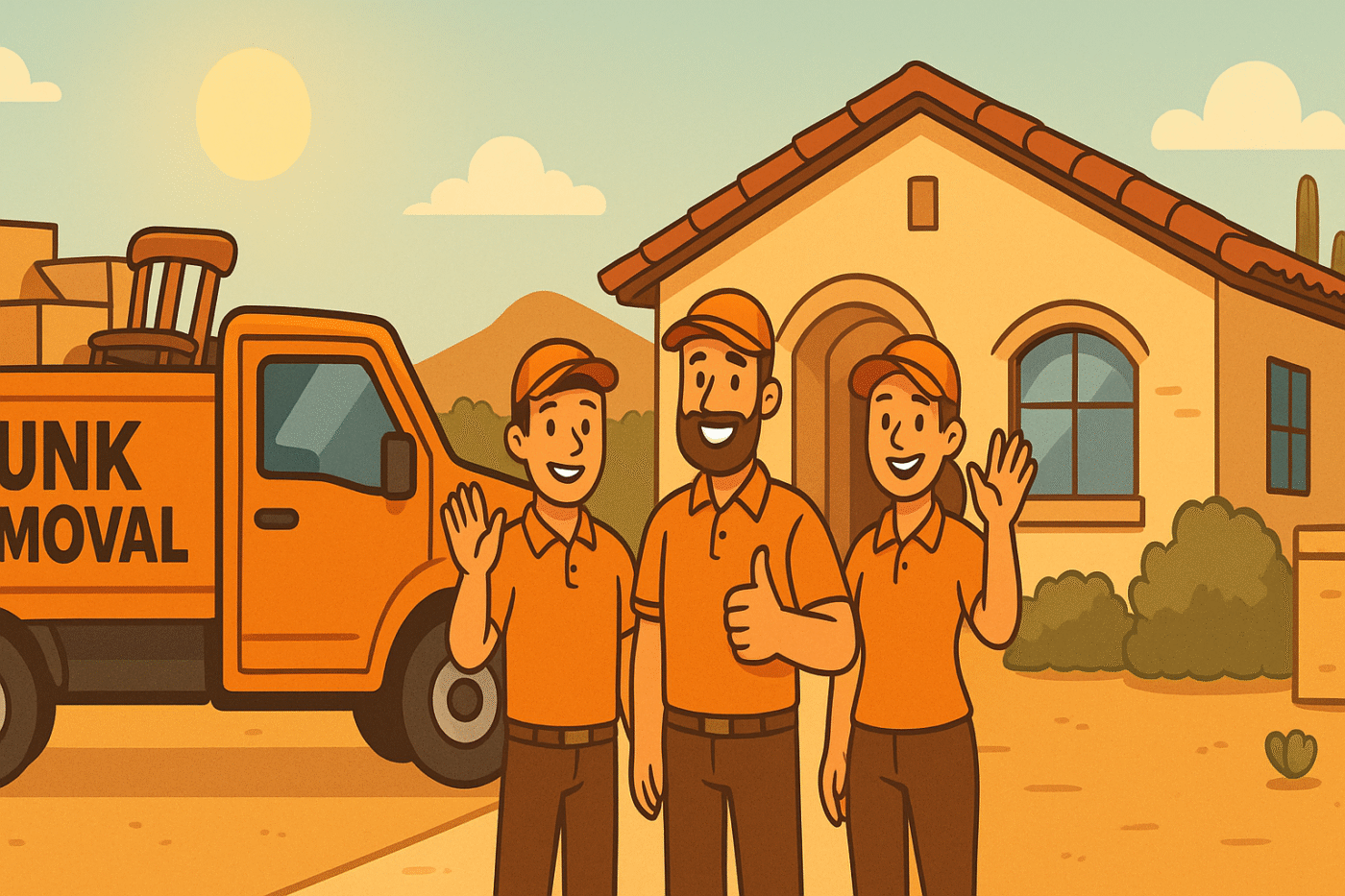 Friendly junk removal team in orange uniforms standing in front of a house with an orange junk truck