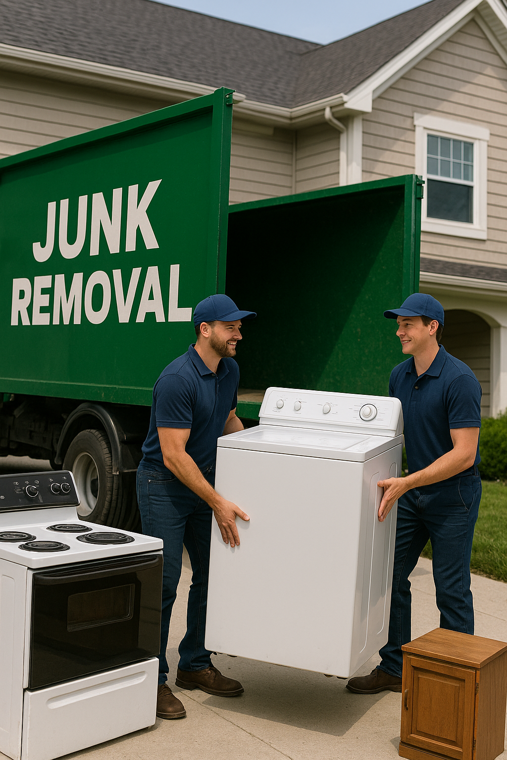 Two junk removal workers hauling an old washing machine into a green junk truck during an appliance removal in a suburban Arizona neighborhood.