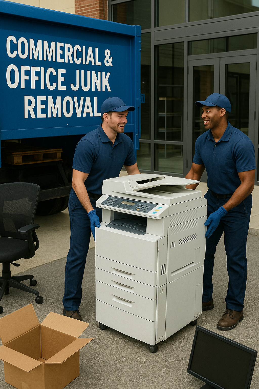 Two junk removal workers lifting a white copier from a commercial office space into a green junk truck parked outside.