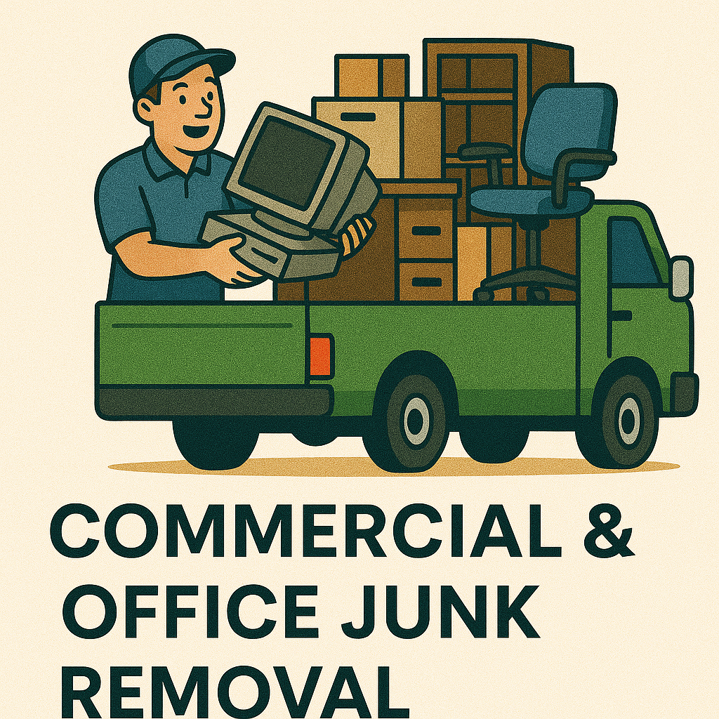 Two junk removal workers loading an office copier into a green truck outside a commercial building in Arizona.