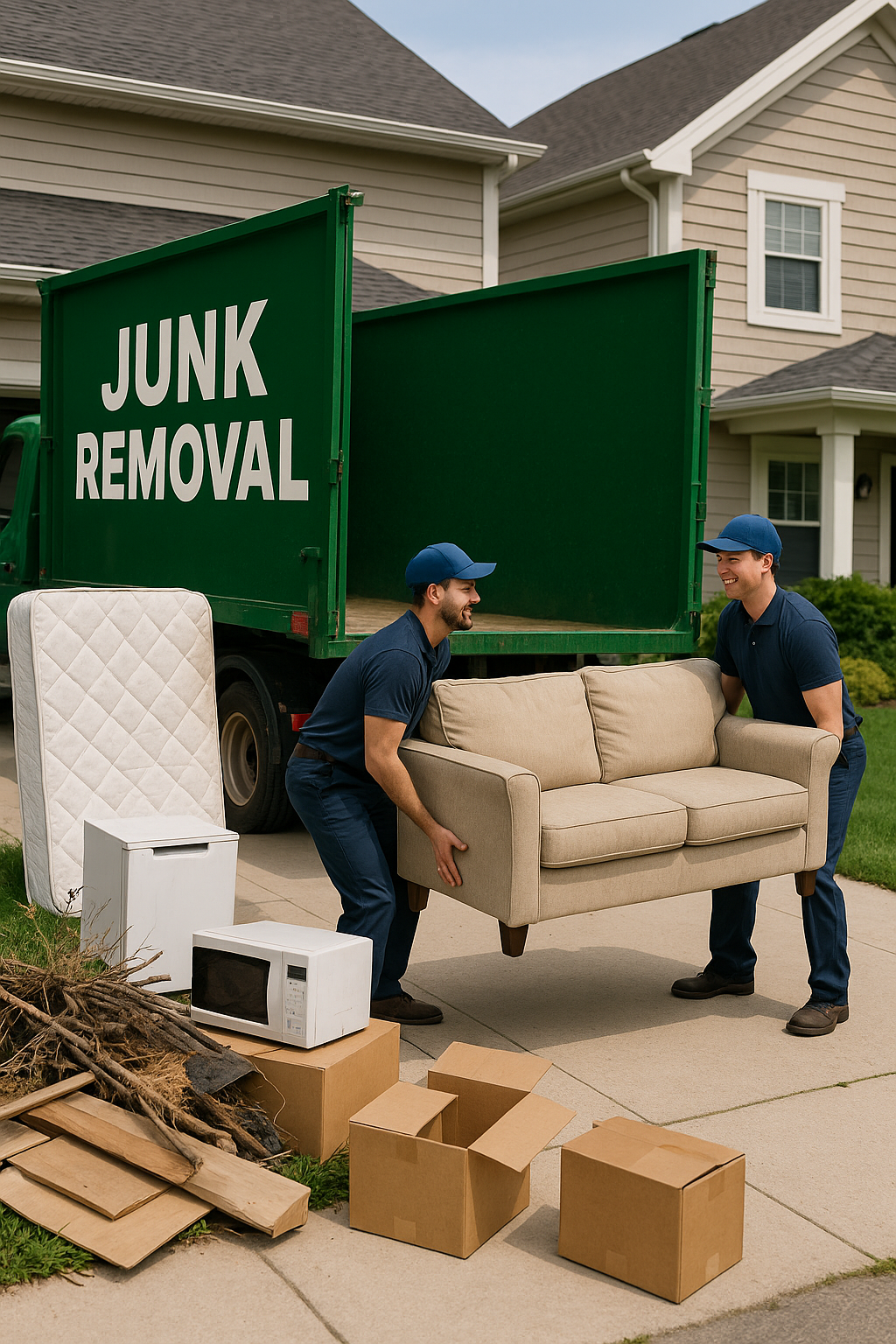 Two professional junk haulers lifting a beige sofa into a green junk removal truck outside a suburban Arizona home.