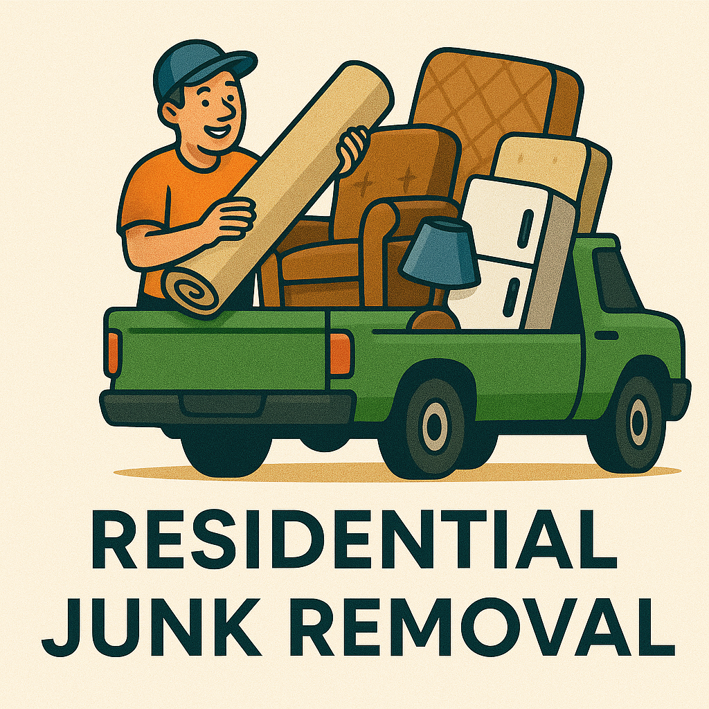 Two junk removal workers loading old furniture and boxes into a green truck in a residential Arizona driveway.