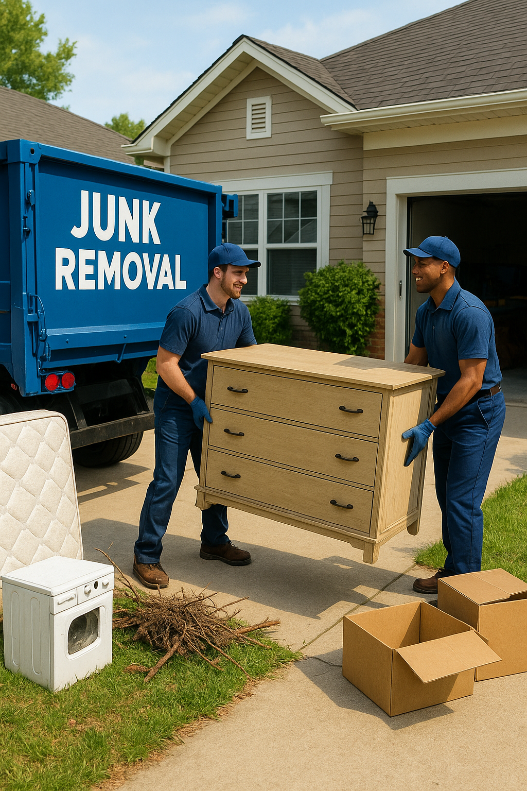 Two junk removal professionals lifting old furniture into a truck in a residential driveway surrounded by household junk.
