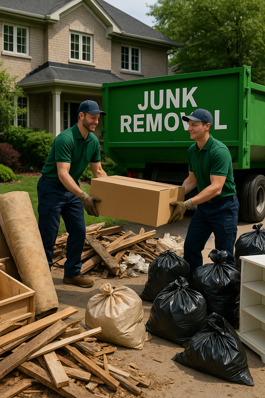Professional junk removal team clearing construction debris and trash bags during a specialty estate cleanout in a suburban Arizona home driveway.
