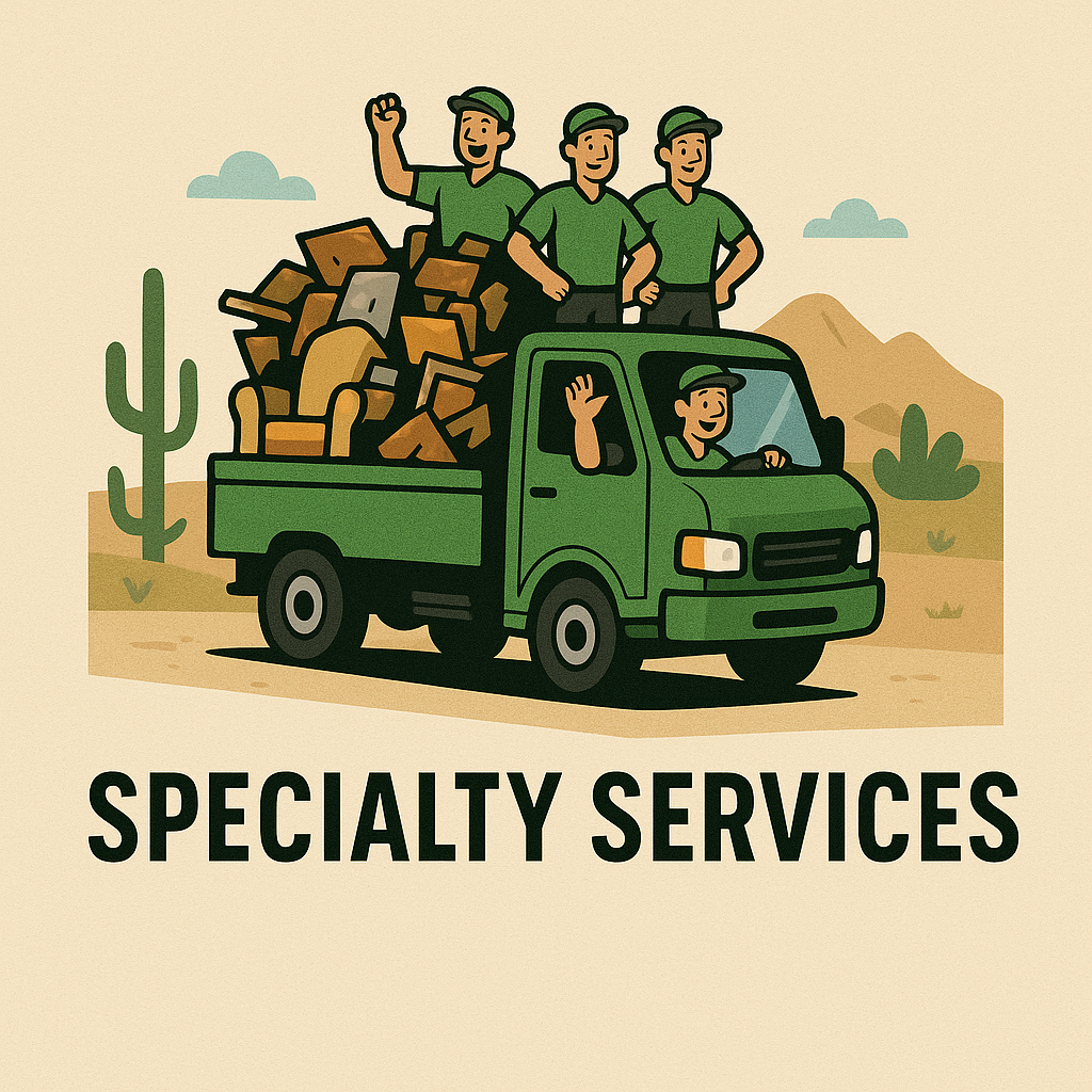 Cartoon green junk removal truck with workers and debris in desert background – Specialty Services